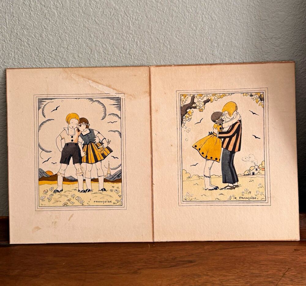 Françoise Signed Matted Illustration Print Set Romance Couple Children 11x10